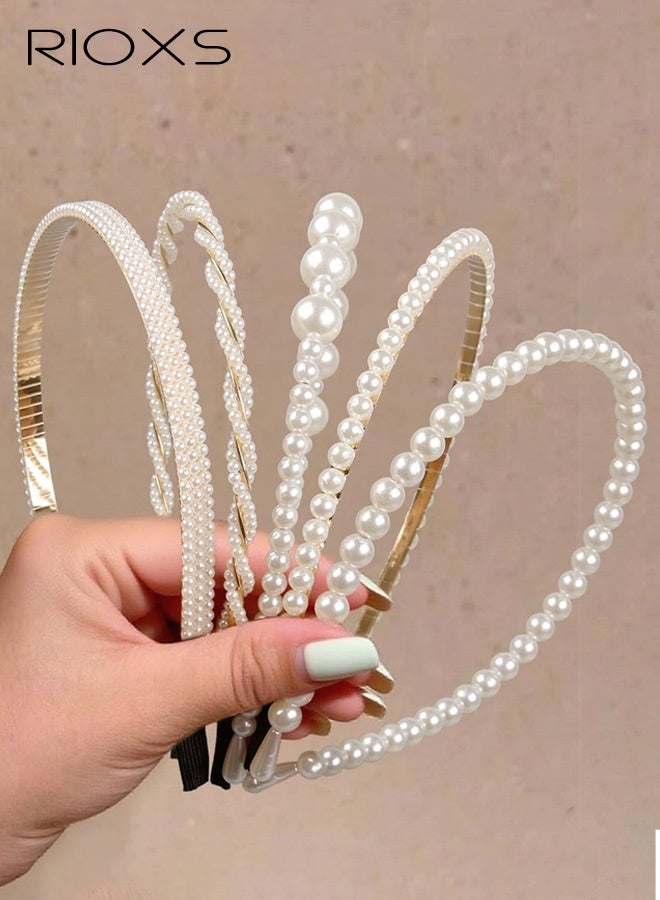 RIOXS 5-Piece Elegant Pearl-Embellished Hairband Set for Women, Retro-inspired Double-Layer Hair Accessories, Sweet and Fresh Layered Style, Perfect for Weddings, Parties, and Everyday Fashion Outfits - Image 1